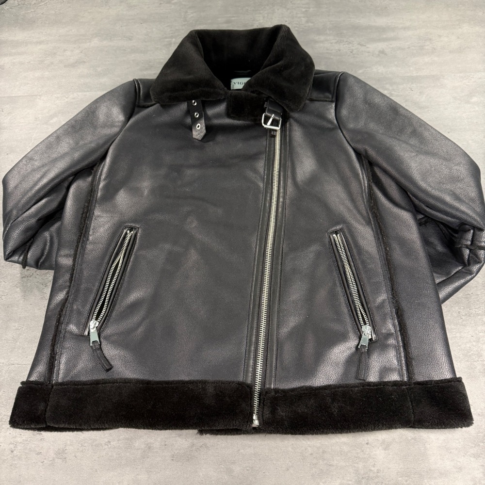 Asymmetric Moto Biker Jacket Womens M Black Vegan‎ Faux Leather Fur Bondage Coat
